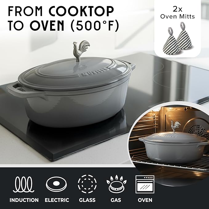 MUELLER HOME 5.5 Quart Enameled Cast Iron Oval Dutch Oven with Rooster Knob & Cotton Potholders, Heavy-Duty Cookware, Oven-Safe up to 500째 F & Across All Cooktops, Gifts for Grandma & Women, Gray