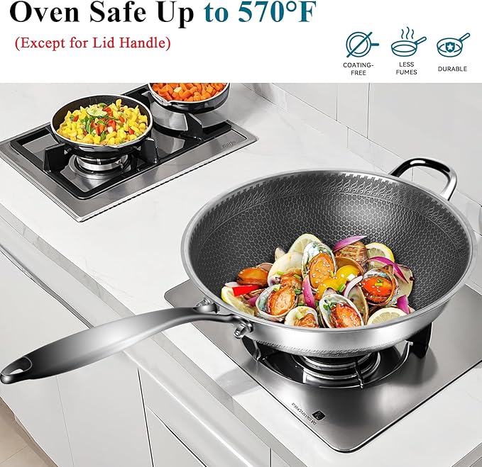 Wok, 12 Inch Stainless Steel Wok, Hybrid Nonstick Woks & Stir-fry Pans with Lid, Honeycomb Flat Bottom Pan with Stay-Cool Handle, Dishwasher and Oven Safe, PFOA Free Cookware