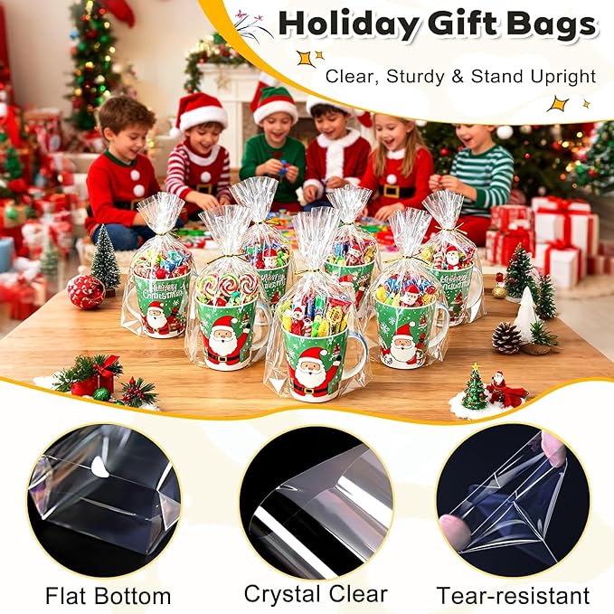 PigPotParty Cellophane Bags 8"x11", 50 Pack Clear Gift Bags, Bottom Gusset for Stand-Up Display, Plastic Cellophane Gift Wrap, Ideal for Goodies, Treats, Party Favors, Mugs, Includes 50 Ties