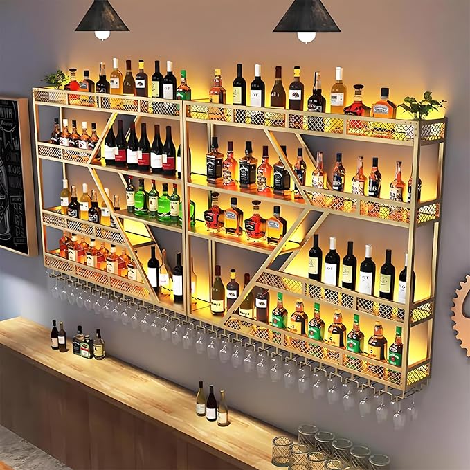 63in Metal Wine Rack Wall Mounted, Modern Wine Storage Rack Wall Mounted with Wine Glass Holder, Liquor Shelf, Bar Shelves for Liquor Bottles (3 Tiers Gold, 63 * 7.87 * 33.85INCH)