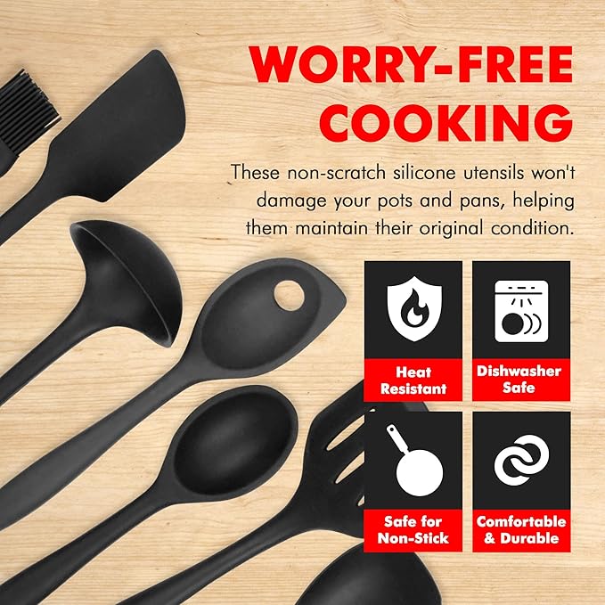 Chef Craft - Premium Silicone Kitchen Tools and Utensils Set, Non-Scratch, Withstands Temperatures up to 450째F, BPA-Free, 7 Piece Cooking Utensils Set, Black