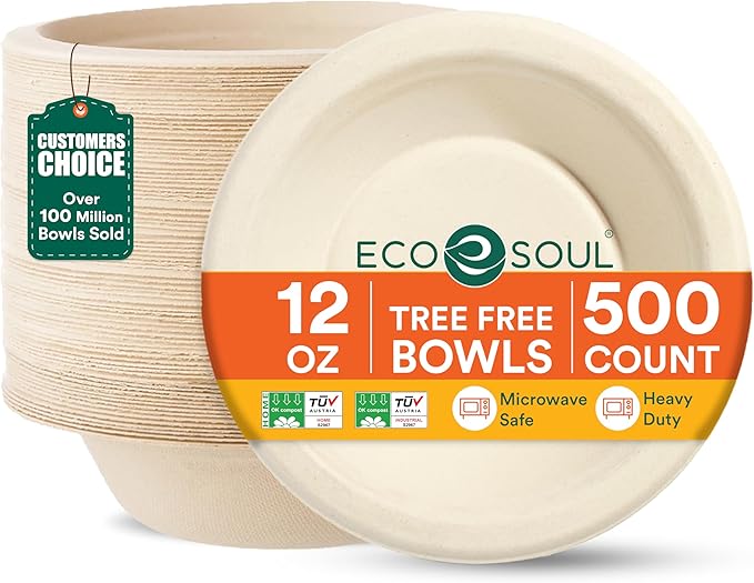 ECO SOUL 100% Compostable 12 Oz Soup Bowls [4 Packs of 125] Disposable dessert bowls I Heavy duty paper bowl I Eco-friendly salad bowl I Biodegradable large Bowls