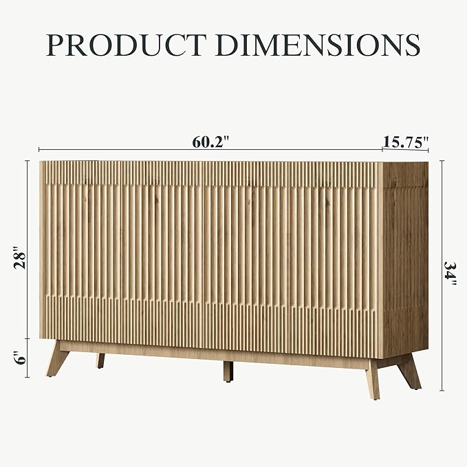 FLOWBACK 60" Large Fluted Storage Cabinet with Adjustable Shelves,35?섃?Tall Sideboard Buffet Credenzas Console Table with Solid Wood Legs,Accent Cabinet for Living Room Dining Room Entryway