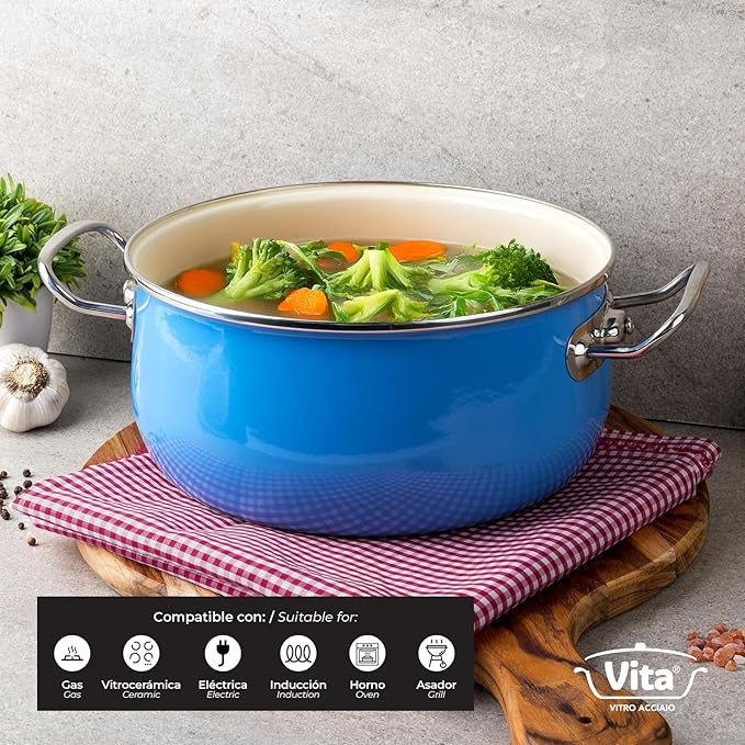 VITA 6-Quart Dutch Oven (Blue) with Lid for All Stove Tops (Enamel on Steel) Dishwasher & Oven Safe up to 500 ??- Quick & Even Heat Distribution - Enameled Interior is Non-Reactive & Easy to Clean