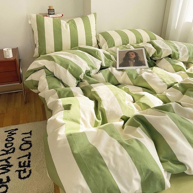LifeTB Striped Comforter Set King Green White Stripes Pattern Printed Comforter Soft Fluffy Lightweight Bedding Set for All Seasons Reversible 3 Pieces Farmhouse Stripe Comforter with 2 Pillowcases