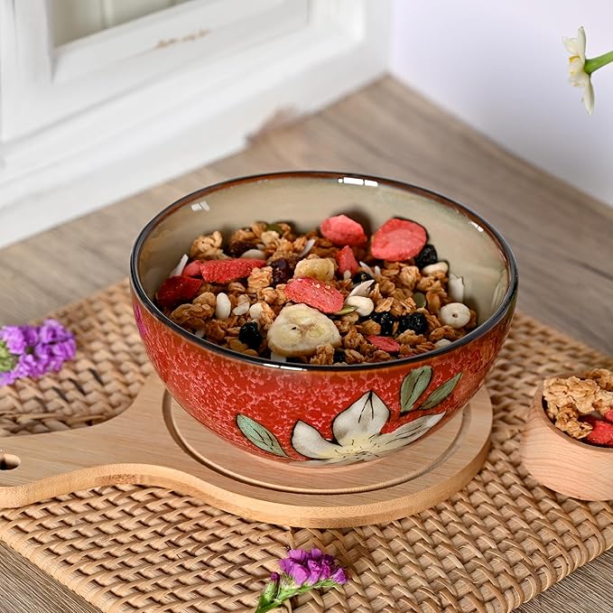 Ceramic Cereal Bowls Set of 6, Floral Design 6 inch ??28oz for Cereal, Salad, Soup, Dessert, or Snacks, Microwave, Dishwasher Safe