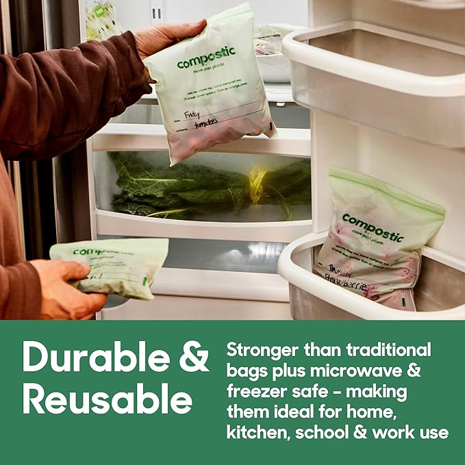 Compostic Home Compostable Resealable Gallon Bags, Microwave & Freezer Safe, Organic Food Storage Container, 60 Count