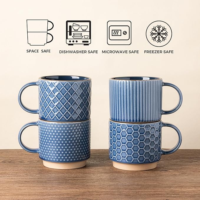 GBhome 6OZ Stackable Coffee Mugs with Stand and Saucer, Ceramic Coffee Mugs Set of 4 with Texture Patterns for Man,Woman,Dad,Mom, Modern Coffee Cups for Latte/Espresso. Dishwasher&Microwave Safe, Blue