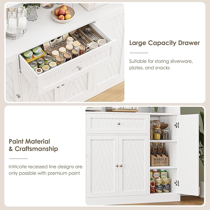 72" Large Pantry Cabinet with Doors and Drawer, 55.1" Wide Kitchen Cabinets with Countertop, White Kitchen Pantry Storage Cabinet for Dining Room, Living Room, Modern