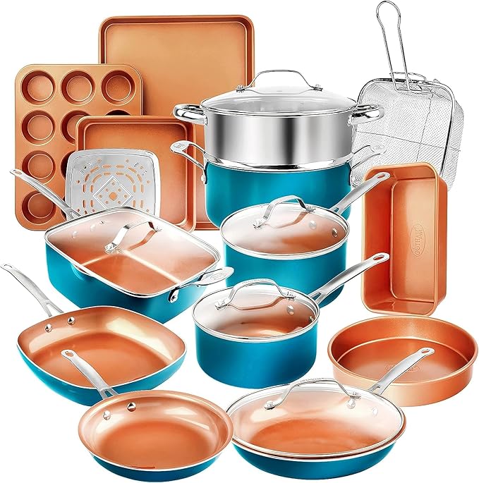GOTHAM STEEL 20 Piece Copper Pots and Pans Set Nonstick Cookware Set + Complete Ceramic Bakeware Set for Kitchen with Long Lasting Non Stick, Dishwasher/Oven Safe, Non Toxic ??Turquoise