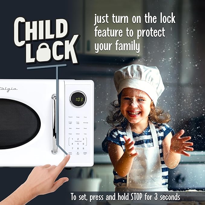 Nostalgia Retro 1000W Microwave Oven 1.1 Cu Ft Capacity ??Child Safety Lock, 8 Auto-Cook Settings ??Countertop Kitchen Appliance ??White