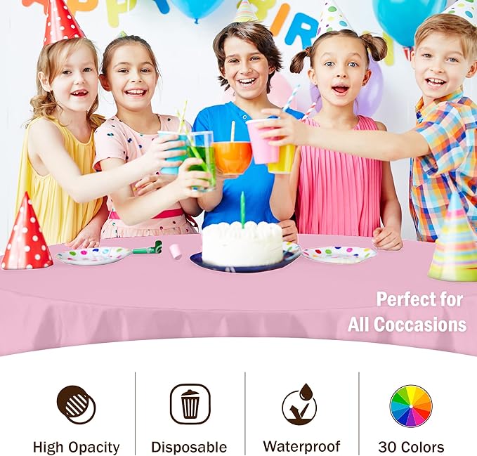 Party Solids 6-Pack Premium Plastic Tablecloth 84in. Round Plastic Table Cover - Pink