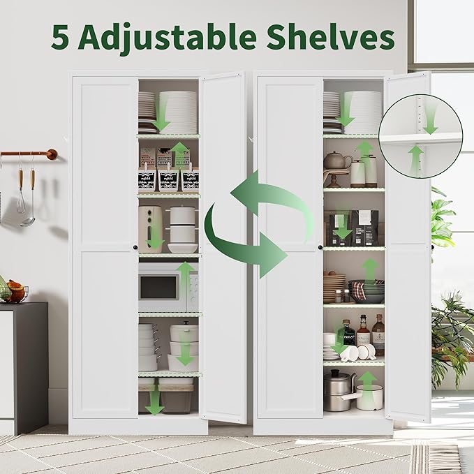 72" Tall Kitchen Pantry Cabinet,White Metal Pantry Cabinet with 2 Doors & 5 Adjustable Shelves,Utility Storage Cabinet Rust-Resistant for Living Room,Dining Room,Bathroom,Garage,Basement