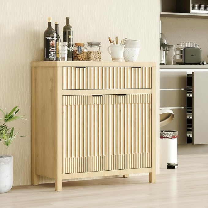 FLOWBACK Fluted Buffet Cabinet with Storage,34" Tall Kitchen Sideboard Cabinet Modern Credenza with Fluted Doors & Shelves Farmhouse Coffee Bar Media Console Accent Cabinets for Living Room, Entryway