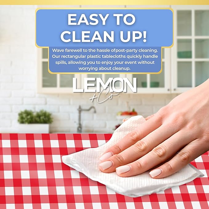 LEMON + Co. Red Gingham Rectangle Table Cover Disposable Plastic Tablecloth 54 Inch. x 108 Inch. Premium Decorative Rectangle Table Cover 20 Pack