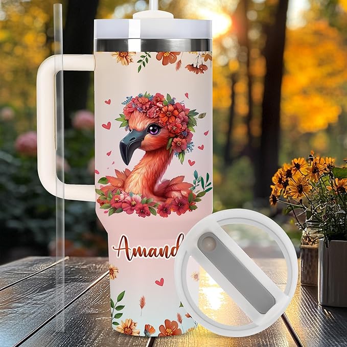 AGGLOMEKC Personalized Cute Flamingo Cup - Mother's Day Birthday Gift For Animal Lovers - Just A Girl Who Loves Flamingo Tumbler 40oz With Custom Name - Pet Lover Gifts For Women, Her