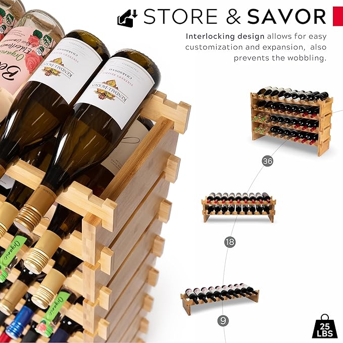 72 Bottle Wine Rack ??Modular Freestanding Bamboo Wine Storage Shelf for Home, Kitchen & Cellar ??Stackable Wine Organizer Stand