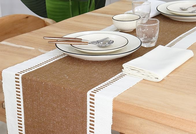PurpleEssences Table Runner - Wide with Dobby Stripe, Heavy Ribbed Weave & Double Knot Fringes, 14x72 Inch (14x77.5 with Fringes) Farmhouse Decor -Christmas Holiday Winter- Nut Brown and H.White