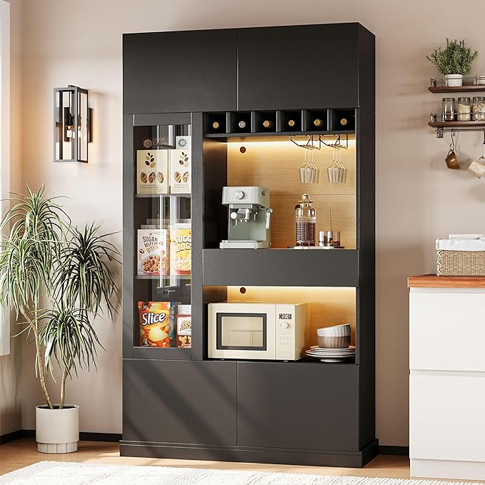 iPormis 69" Tall Kitchen Pantry Storage Cabinet with LED Light & Outlet, Kitchen Hutch with Microwave Stand & Wine Rack & Glass Door & Adjustable Shelf, Coffee Bar Hutch with Countertop, Black
