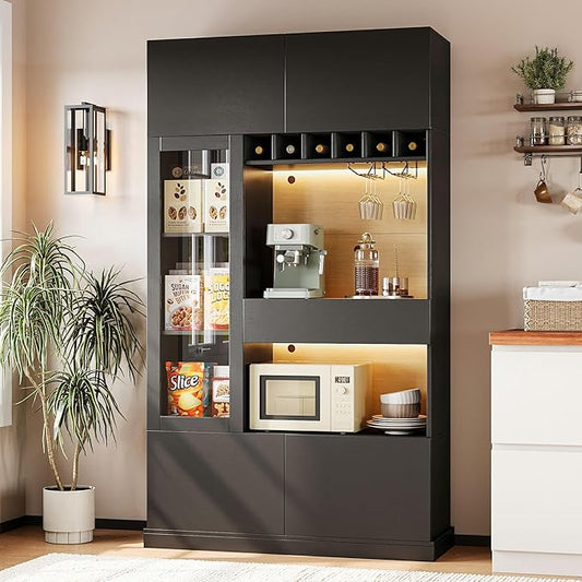 iPormis 69" Tall Kitchen Pantry Storage Cabinet with LED Light & Outlet, Kitchen Hutch with Microwave Stand & Wine Rack & Glass Door & Adjustable Shelf, Coffee Bar Hutch with Countertop, Black