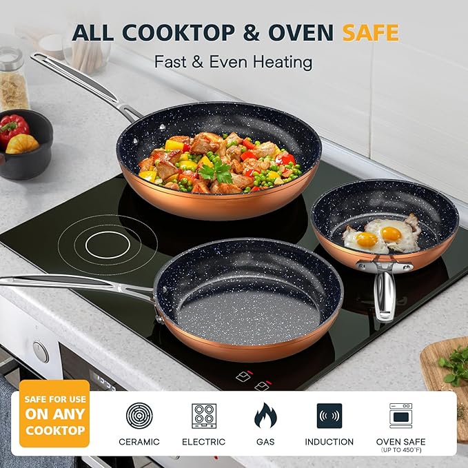 Nuwave 3-Piece 8?? 10?? 12??Forged Lightweight Frying Pan Set, G10 Healthy Duralon Blue Ceramic Ultra Non-Stick, Ergonomic Stay-Cool Handles, Induction-Ready & Works on All Cooktops