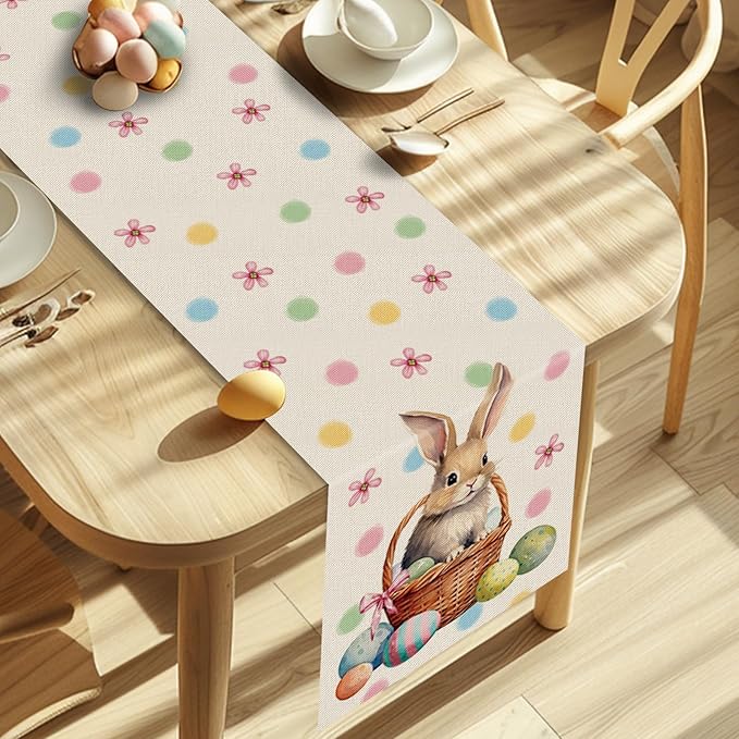 QIONG MENG Easter Table Runner Bunny Eggs Basket Flowers Burlap Table Decoration Spring Holiday Home Party Kitchen Dining Table Supplies 13x108 Inch