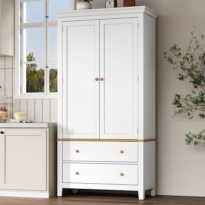 RoyalCraft 70'' Tall Kitchen Pantry Cabinet, Large Storage Cabinet with 8 Door Shelves, White Kitchen Cabinet with 2 Drawers & Adjustable Shelves for Dining Room, Living Room, Laundry