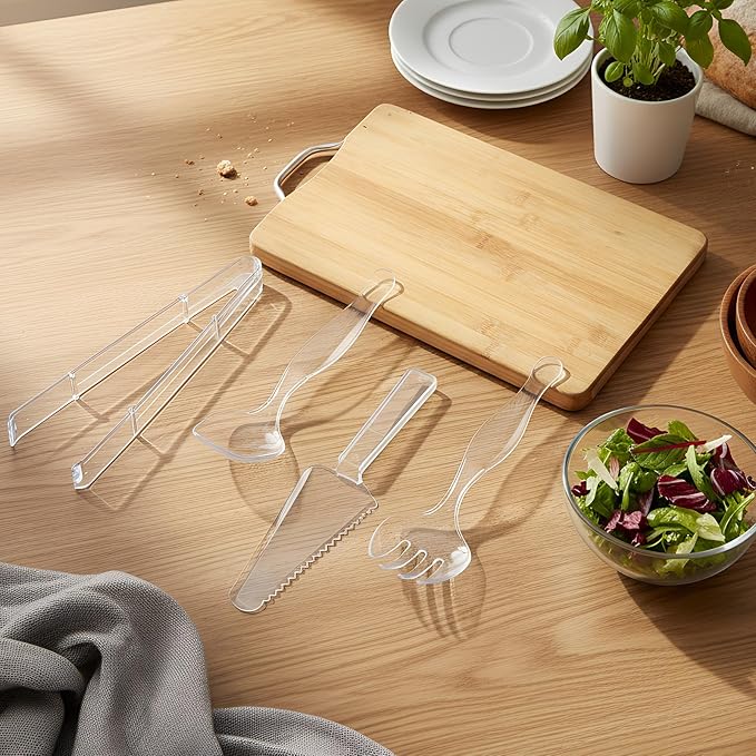 30 Pcs Disposable Plastic Serving Utensils Set Include 8.5'' Serving Spoons Forks 9'' Tongs and Knives for Birthday Party Buffet Dinner Food Salad Utensils Christmas (Clear)