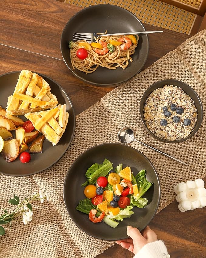 Stoneware Dinnerware Set for 4 Person,12 Pieces Ceramic Plates and Bowls Sets Matte Black Modern Dish Set for Kitchen Dinner,Scratch Resistant,Microwave and Dishwasher Safe,Round