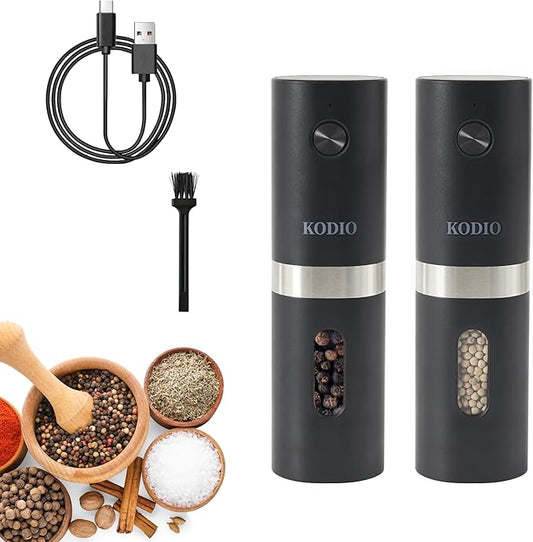 Electric Salt and Pepper Grinder Set, Rechargeable Base, Automatic Salt & Pepper Mill Refillable with USB Cables, Salt and Pepper Shakers, LED Light, One Hand Operation, 2 Adjustable Coarseness Mills
