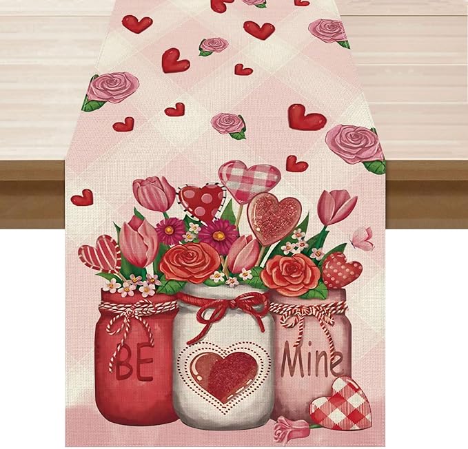 XCHI Roses Flowers Love Hearts Vase Valentine?셲 Day Table Runner Table Decoration for Party Home Kitchen Dining Dinner Holiday Decor 13x72 Inch