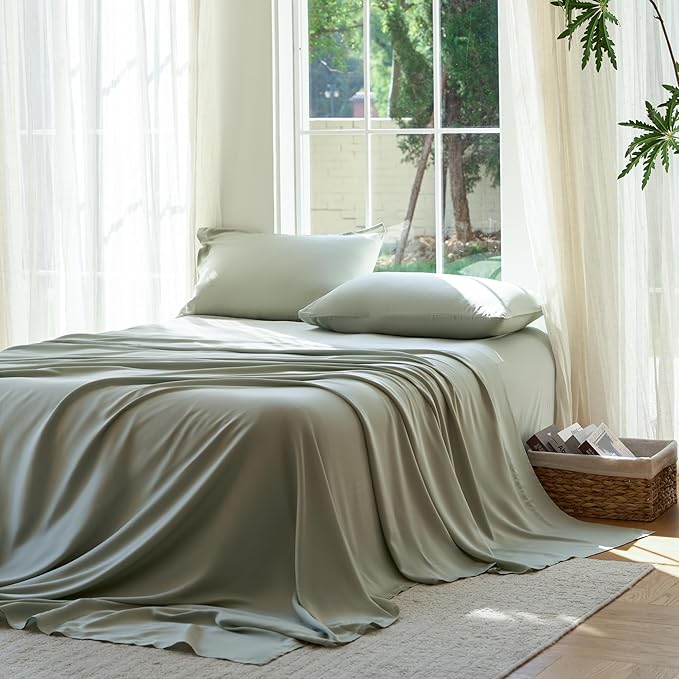DOZ Sheet Set, 100% Viscose derived from Bamboo, Organically Grown, Buttery Soft, Cooling Sheets, High GSM, Deep Pockets - 3 Piece - 2 Pillowcases 1 Fitted Sheet (Sage, Queen)