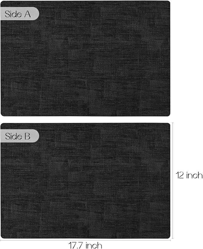 Romanstile Reversible Vinyl Placemats Set of 8, Faux Leather 100% Waterproof Oil-Proof Wipeable Place Mats, Heat Resistant Dual Sided Table Mats for Kitchen/Dining/Party (Black, 12 x 17 Inch)