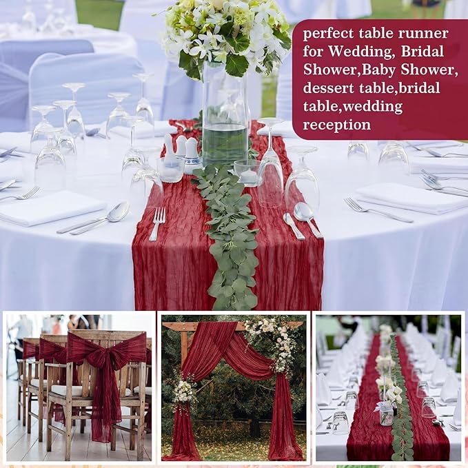 Gilprop 60 Pack Burgundy Table Runner Decor Set 10 ft Cheesecloth Table Runner & 7.9ft Artificial Eucalyptus Garland Boho Gauze Fabric Centerpiece for Wedding, Bridal Shower, Party Decorations