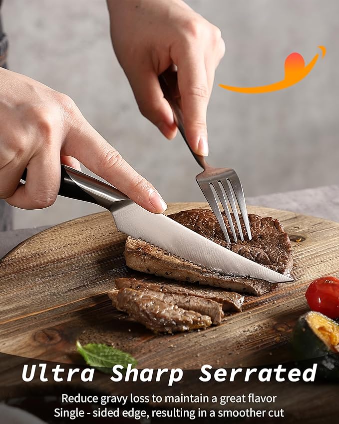 Steak Knives Set of 6, Serrated Edge German 1.4116 Stainless Steel, Forged Black Resin Handle - Dishwasher Safe Steak Knife Set for Dinner, Restaurant & Home Use