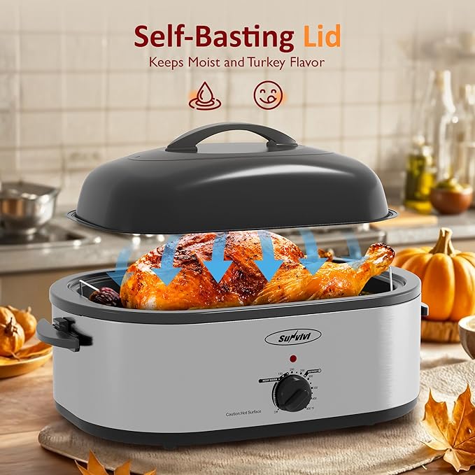 Sunvivi 18-Quart Roaster Oven with Self-Basting Lid, Electric Turkey Roaster Oven with Removable Pan and Rack, Stainless Steel, Sliver