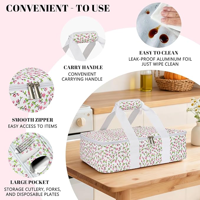Insulated Casserole Carrier for Hot or Cold Food, Lasagna Lugger Tote Warmer or Cooler Bag, Casserole Dish Carrier for Potluck Parties, Picnic and Cookout, Fits 9"x13" Baking Dish(Pink Floral)