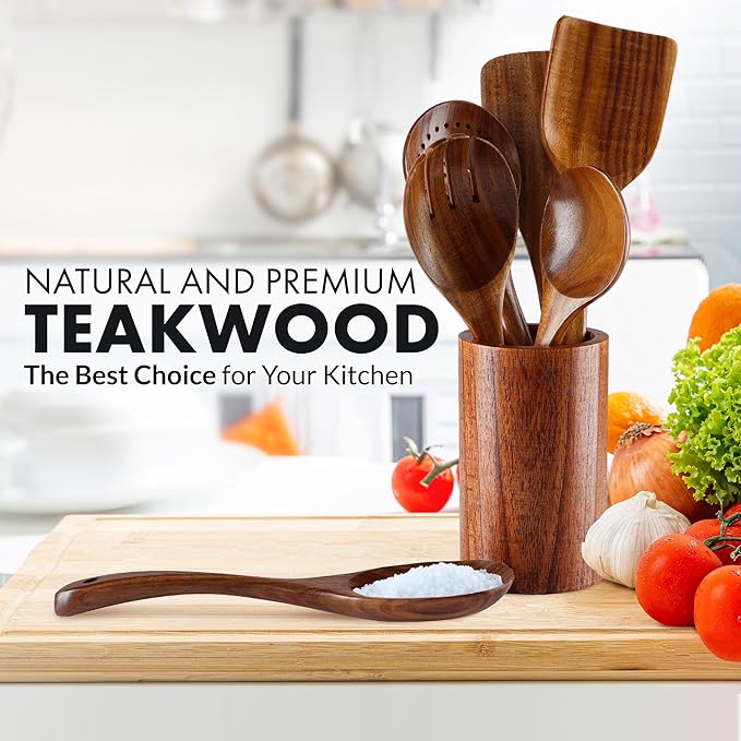 Zulay Kitchen 7-Piece Wooden Cooking Spoons Set ??Heat-Resistant, Smooth Teak Utensils with Comfort Grip ??Lightweight & Durable ??Easy to Clean, Perfect for Non-Stick Cookware