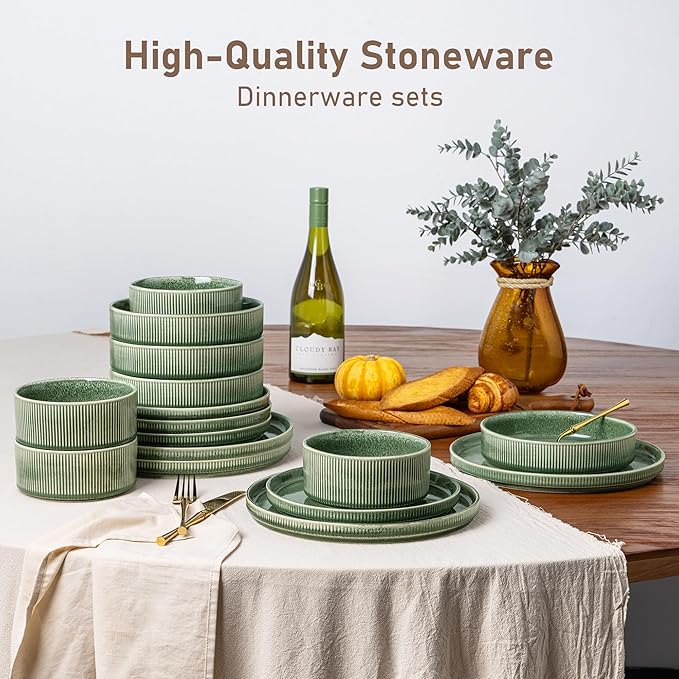 GBHOME Stoneware Dinnerware Sets for 6,Round Reactive Glaze Ceramic Plates and Bowls Set,Highly Scratch Resistant| Dishwasher & Microwave Safe Dishes Set,Service for 6(18Pcs),Dark Green