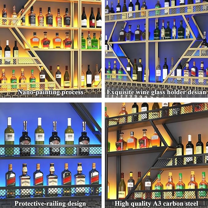 63in Metal Wine Rack Wall Mounted, Modern Wine Storage Rack Wall Mounted with Wine Glass Holder, Liquor Shelf, Bar Shelves for Liquor Bottles (3 Tiers Gold, 63 * 7.87 * 33.85INCH)