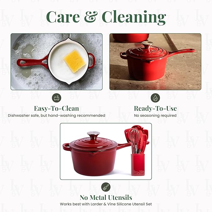 Larder & Vine Enameled Cast Iron Saucepan | 2.2 qt Sauce Pan with Lid | Saucepan with Pour Spouts | Enameled Cast Iron Pot Compatible on All Cooktops & Oven Safe to 500째 F | Cabernet