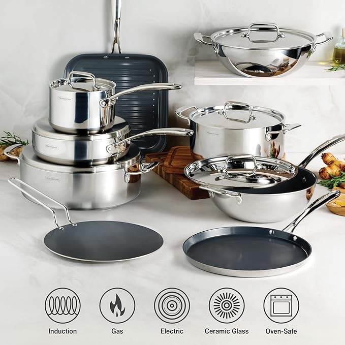 Tramontina Utsava Tri-Ply Clad Stainless Steel 1.8-Quart Kadai with Lid and Ceramic Non Stick Interior, Induction-Ready Small Kadhai Pot for Indian Cooking