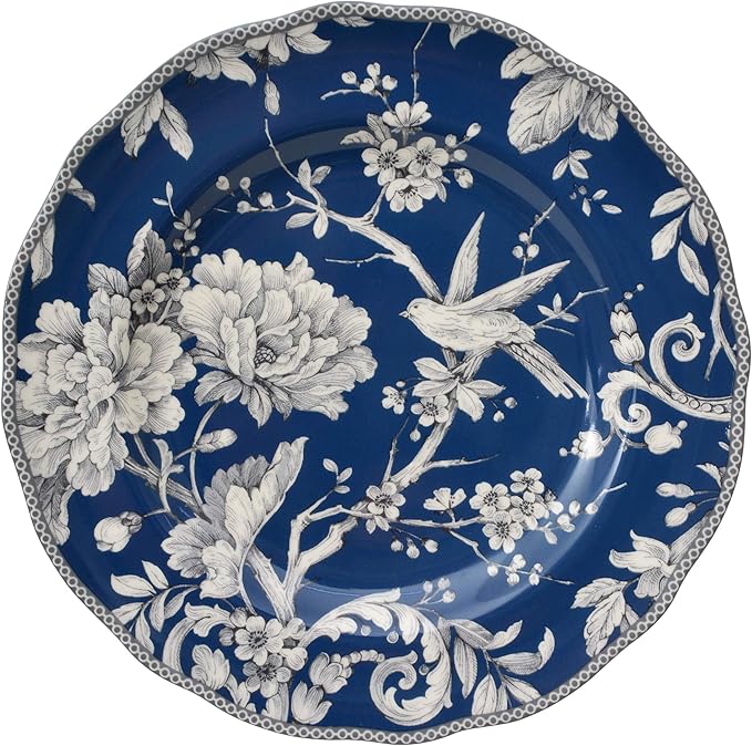 222 Fifth Adelaide 16-Piece Dark Blue Porcelain Dinnerware Set ??Service for 4, Plate, Bowl & Mug Set, Bird & Floral Design, for Everyday Dining & Entertainment, Microwave & Dishwasher Safe
