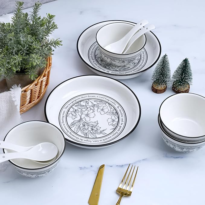 10 Piece Stoneware Dinnerware Sets for 2,White and Blue Floral Plates and Bowls Set, Microwave & Dishwasher Safe, Chip Resistant, Gift Box Included
