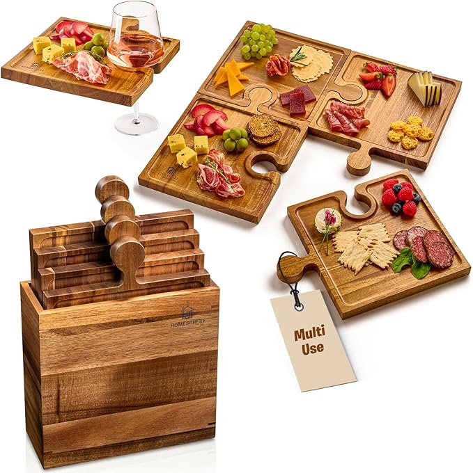 Wooden Charcuterie Boards, Appetizer Tray for Parties & Cutting Board with Handle, Set of 4, Acacia Wood Board, Wine Gifts, Wine Accessories, Interlocking Puzzle Serving Tray w/Storage Box
