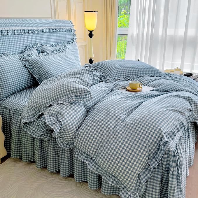 LifeTB Queen Comforter Set Blue Gingham Comforter Vintage Ruffle Plaid Checkered Pattern Comforter Set Queen Fluffy Soft Gingham Bedding Set Farmhouse Plaid Grid Bed Comforter with 2 Pillowcases