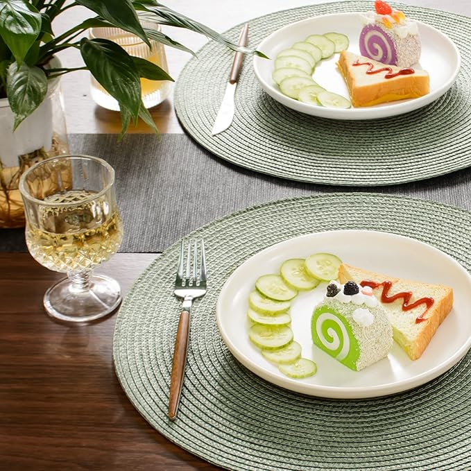 FunWheat Round Braided Placemats Set of 6 Place Mats for Dining Tables Woven Washable Non-Slip Table mats 15 inch(Fog Green, 6pcs)
