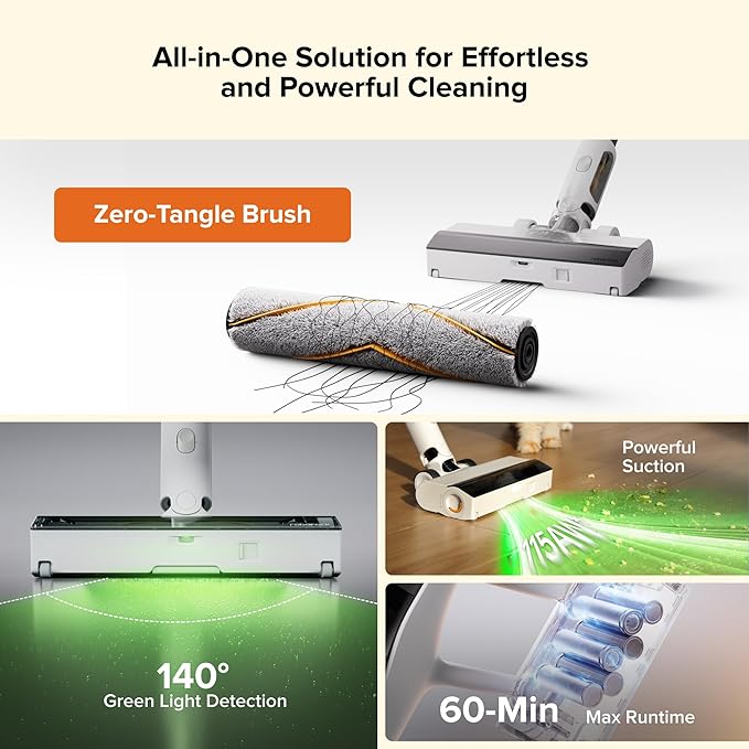 roborock H60 Hub Cordless Stick Vacuum Cleaner with Auto-Empty Dock, 115AW Suction for Carpets and Hard Floors, Vacuum Cleaners with 60-Min Runtime, Anti-Tangle Brush, 140째 Green LED Dust Detection