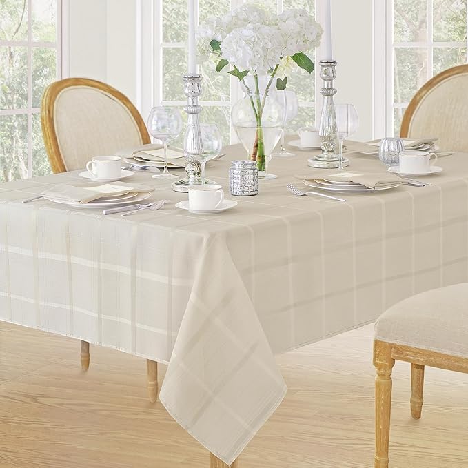 Newbridge 52 x 52 Inch Square Fabric Tablecloth, Elegance Plaid, 100% Polyester, No Iron Soil Resistant Dining Room, Party and Banquet Table Cover, Solid Textured, Beige