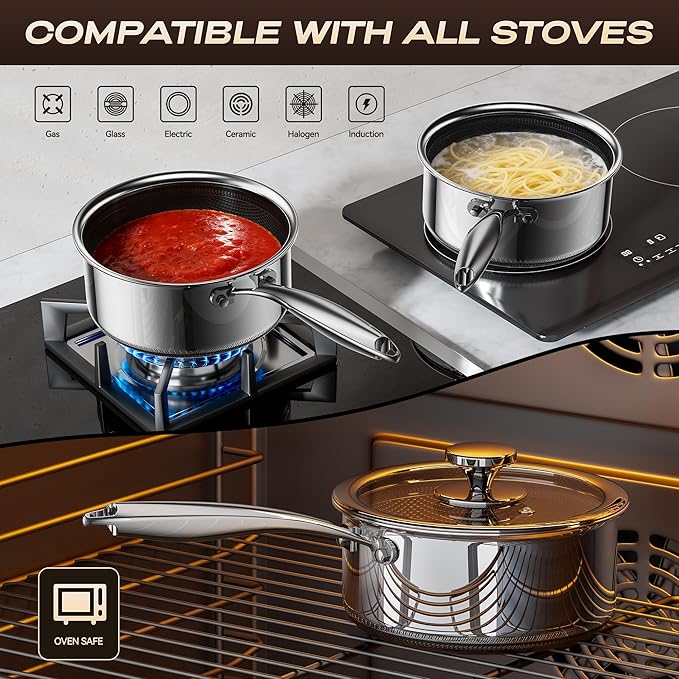 1 Quart Stainless Steel Saucepan with Glass Lid,6 Inch Hybrid Nonstick Sauce Pan,PFAS PFOA PTFE Free,Stay-Cool Handle,Dishwasher-Friendly,Oven-Safe,Small Pots Compatible with All Cooktops